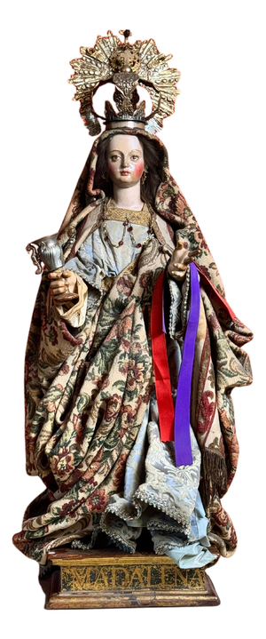 Baroque Polychrome Wooden Statue of Saint Mary Magdalene with Chalice and Silver