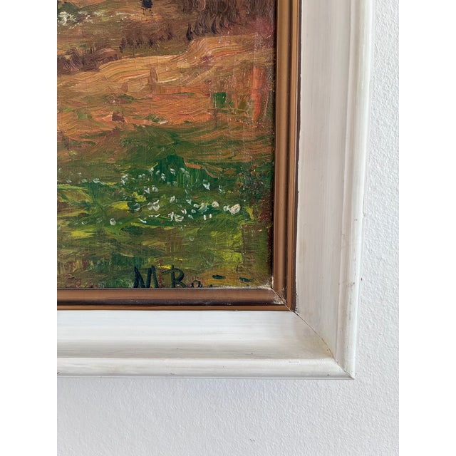 This original vintage oil painting, from around the 1960s, shows a peaceful woodland scene with a pond, tall trees and a...