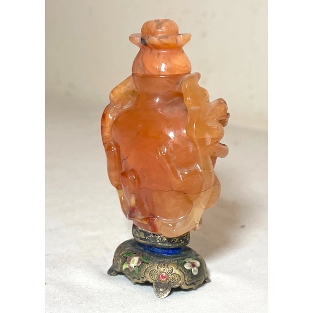 Antique Chinese Carved Carnelian Agate Enamel Sterling Silver Stone Snuff Bottle For Sale - Image 15 of 15