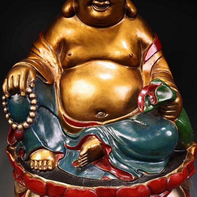 1980s Hand-Painted Gilt Solid Copper Laughing Buddha Statue, Seated Maitreya Buddha on Lotus Base, Chinoiserie Sculpture For Sale - Image 4 of 10