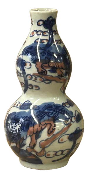 6" Blue White Foo Dog Lion Graphic Small Porcelain Gourd Shape Vase