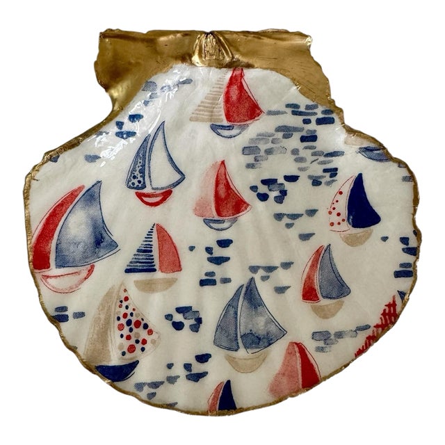 Nautical Sailboat Seashell Trinket Dish Coastal Beach Decor For Sale