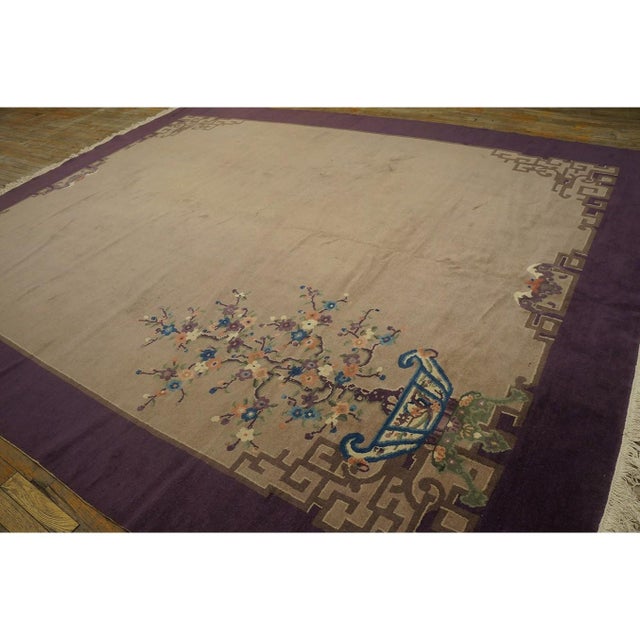 Sand 1920s Tan Sand Chinoiserie Antique Chinese Art Deco Carpet 9'3'' X 11'8' Rug For Sale - Image 8 of 10