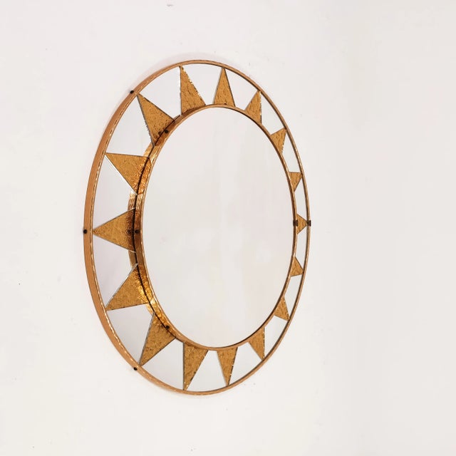 Spanish circular mirror with glass mosaic, 1960s. Frame formed by textured artistic glass tiles like an iridescent mosaic...