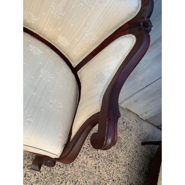 American Early 20th Century Antique Victorian Style Carved Walnut Parlor Set, Loveseat and Lounge Chair For Sale - Image 3 of 13