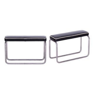 Vintage Bauhaus Stools in Chromed Steel and Italian Leather, Czech, 1930s, Set of 2 For Sale