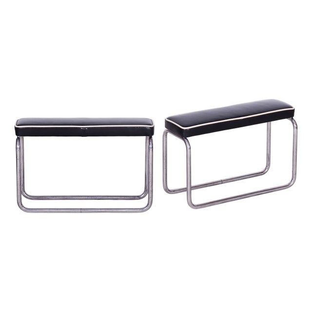 Vintage Bauhaus Stools in Chromed Steel and Italian Leather, Czech, 1930s, Set of 2 For Sale