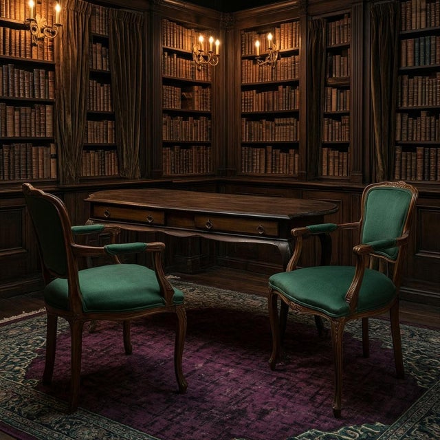 Wood The Scholar’s Alcove: Dark Academia Library Desk & Jacquard Emerald Armchairs Suite For Sale - Image 7 of 7