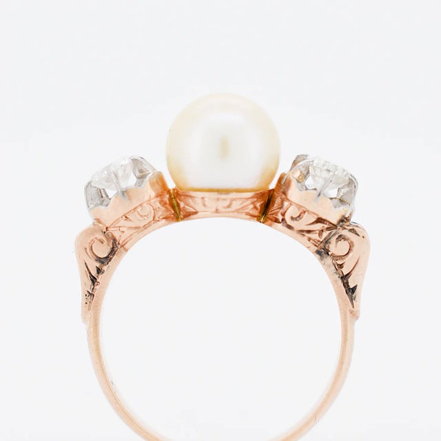 Metal Antique Trilogy Gold Pearl Diamond Ring, Size 7.75 For Sale - Image 7 of 7