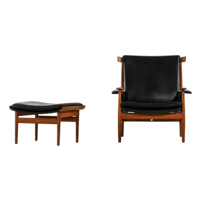 Set of Easy Chair with Ottoman in Teak and Black Leather attributed to Finn Juhl, 1960s For Sale