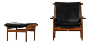 Set of Easy Chair with Ottoman in Teak and Black Leather attributed to Finn Juhl, 1960s