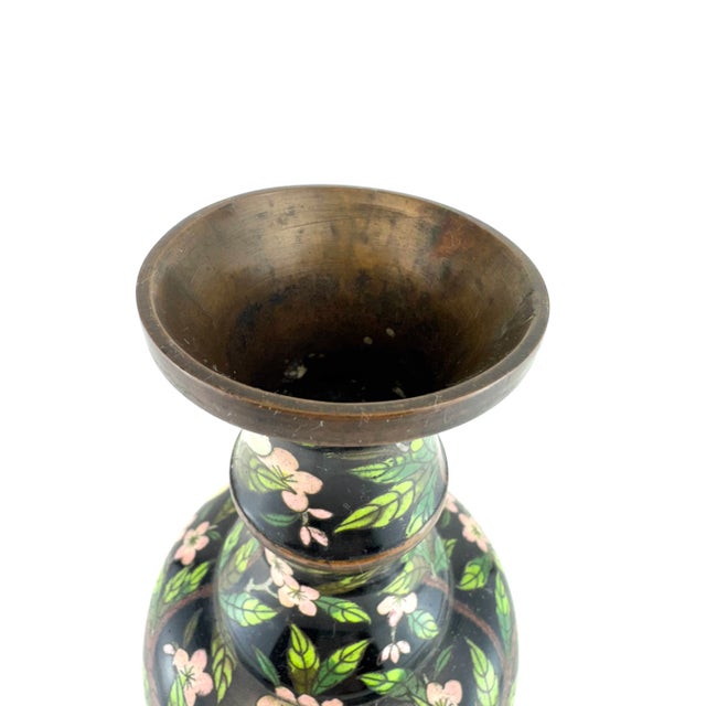 Chinoiserie Vintage Cloisonné Floral Vase With Black Ground and Cherry Blossom Motif For Sale - Image 3 of 14