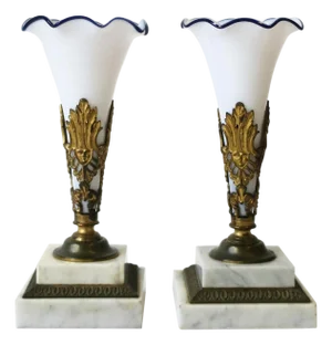 French Marble Glass Brass Vases, Pair