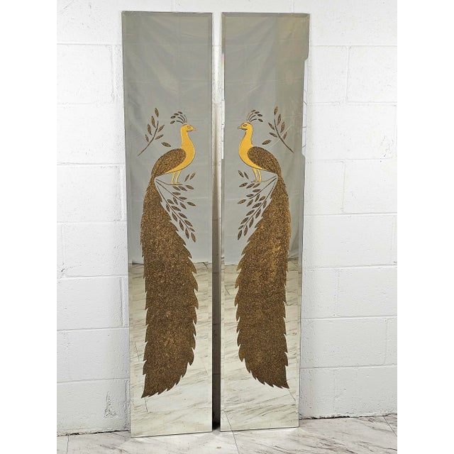 Mid-Century Modern Pair of 1970s Gold Metallic Textured Verre Églomisé Peacock Mirrors For Sale - Image 3 of 4