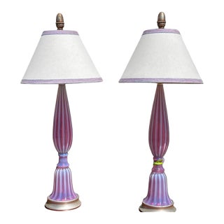 Mid Century Modern Murano Italian Art Glass Table Lamps W Custom Shades For Sale