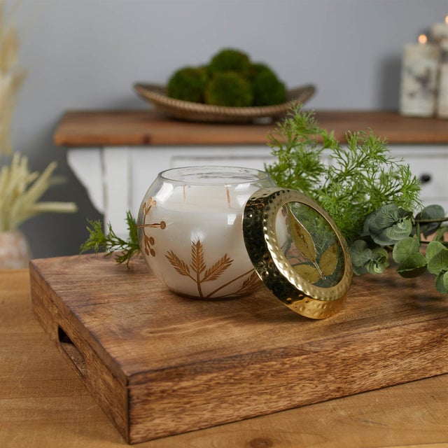 2020s Frosted Juniper Scented Soy Candle with Pressed Leaf Lid 5"D For Sale - Image 5 of 5