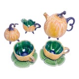 Vintage Signed Artistic Ceramic Tea Service Love Set - Teapot, Creamer, Sugar and 2 Cups and 2 Saucers For Sale