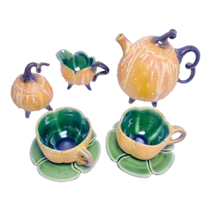 Vintage Signed Artistic Ceramic Tea Service Love Set - Teapot, Creamer, Sugar and 2 Cups and 2 Saucers