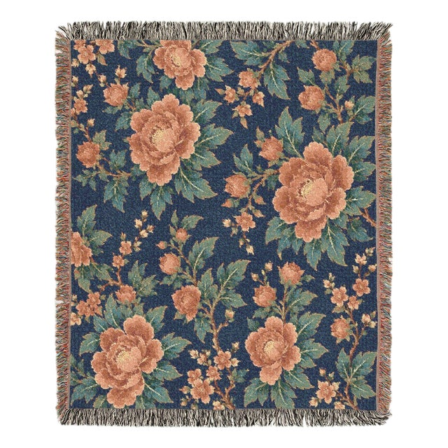 Navy and Terracotta Floral Woven Throw Blanket – 60 × 50 For Sale