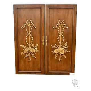 Vintage Hollywood Regency Carved Gilded Wood Doors Pair Louis XVI Neoclassical For Sale