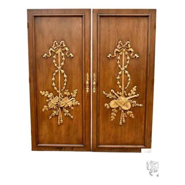 Vintage Hollywood Regency Carved Gilded Wood Doors Pair Louis XVI Neoclassical For Sale