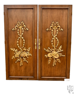 Vintage Hollywood Regency Carved Gilded Wood Doors Pair Louis XVI Neoclassical