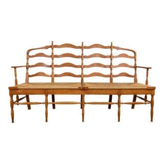 Vintage French Country Woven Rush Seat Bench For Sale