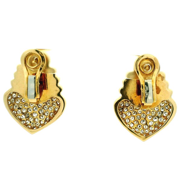 Metal Vintage Italian 18k Gold Diamond Pavé Heart Omega Back Earrings, A Pair For Sale - Image 7 of 16