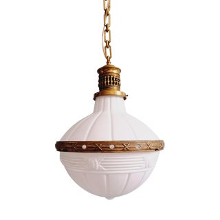 Large Art Deco Pendant Light in Milky White Glass and Openwork Brass, 1920s For Sale