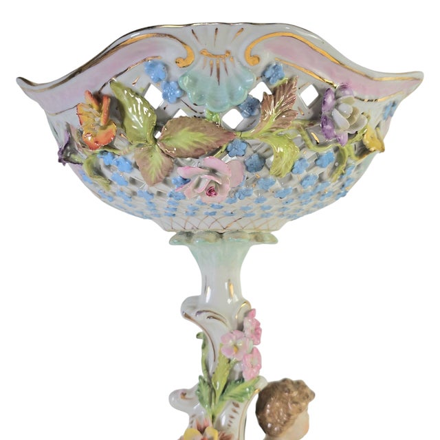 Dresden Porcelain Antique Carl Thieme Dresden Reticulated Compote – 13” Porcelain, Putti & Cherub For Sale - Image 4 of 12