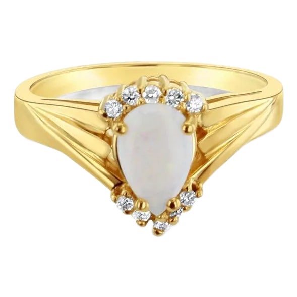Pear Shaped Opal with Diamond Accents 14k Yellow Gold, Size 5 For Sale