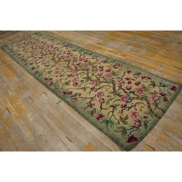 1930s Ivory Green Tree of Life Folk Art American Hooked Hallway Runner Rug For Sale - Image 4 of 9