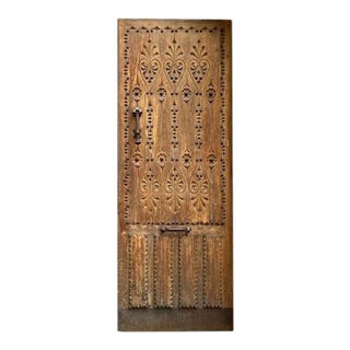 Gothic Revival Carved Solid Wood Entry Door – Fleur-De-Lis Pattern & Iron Clavos For Sale