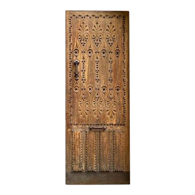 Gothic Revival Carved Solid Wood Entry Door – Fleur-De-Lis Pattern & Iron Clavos For Sale