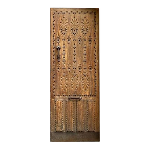 Gothic Revival Carved Solid Wood Entry Door – Fleur-De-Lis Pattern & Iron Clavos