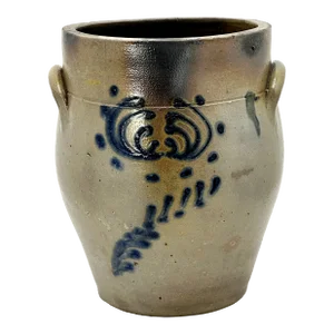 Rare Small 1 Gallon Size Ovoid Style Antique American Blue Decoated Stoneware Storage Crock - Circa Approx 1830