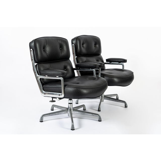 Herman Miller Pair Eames Herman Miller Time Life Black Leather Office Chairs For Sale - Image 4 of 11
