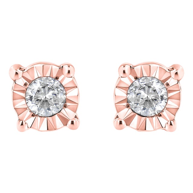 10K Rose Gold Plated .925 Sterling Silver 1/10 Cttw Round Brilliant-Cut Diamond Miracle-Set Stud Earrings (J-K Color, I3 Clarity) For Sale