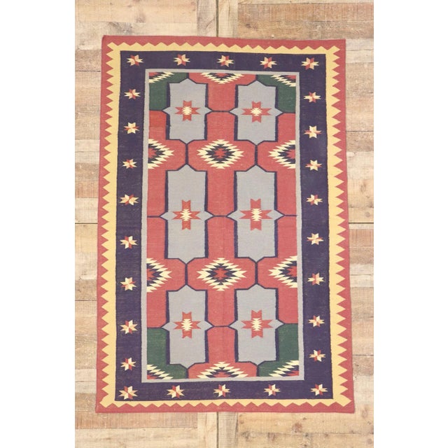 Dark Pink Vintage Romanian Geometric Kilim Rug - 03'11 X 05'11 For Sale - Image 8 of 9
