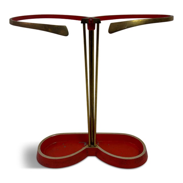 Vintage Brass and Red Metal Umbrella Stand, 1950s For Sale - Image 9 of 9