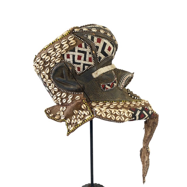Textile Vintage Large African Tribal Beaded Kuba Royal Head Mask/Helmet Sculpture Congo 11" H For Sale - Image 7 of 12