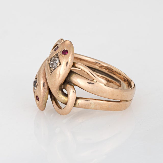 Antique Victorian Double Snake Ring Diamond Ruby Band Sz 5 Serpent 10k Gold For Sale - Image 4 of 6
