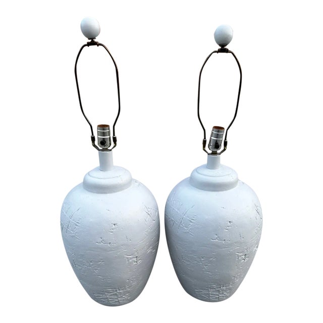 Pair of White Postmodern Plaster Urn Table Lamps For Sale