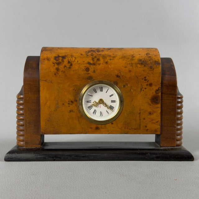 Vintage Art Deco Mechanical Table Clock in Burl Wood, 1940s For Sale - Image 12 of 12