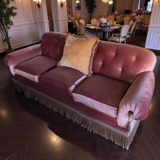 Rustic European Custom French Import Velvet Silk Rose Designer Hollywood Regency Sofa For Sale - Image 3 of 12