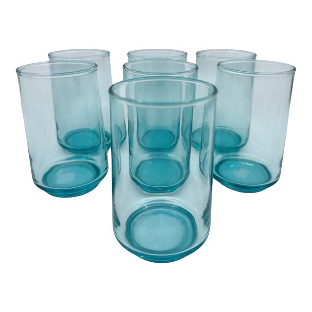 Vintage Turquoise Glass Blue Small Juice Tumblers - A Set of 7 For Sale