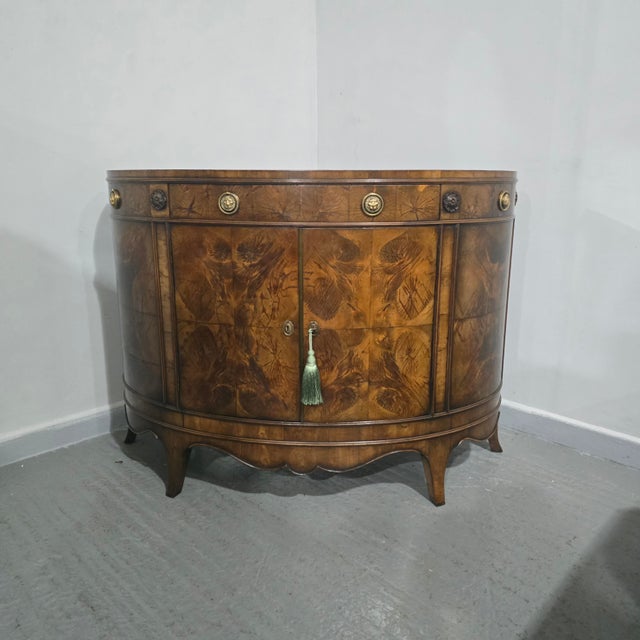 Super quality yew wood demi lune sideboard, with single sectioned drawer and single shelf interior, brass slamming strip...