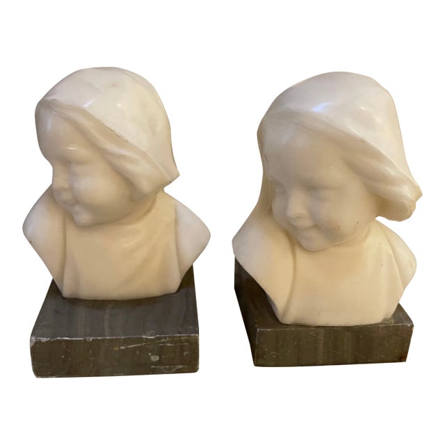 Set of 2 White Italian Marble Sculptures of Children Bust For Sale
