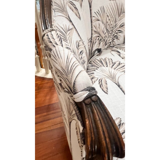 French Louis XV Style Carved Walnut Settee Newly Upholstered in Tropical Botanical Cotton For Sale - Image 10 of 12