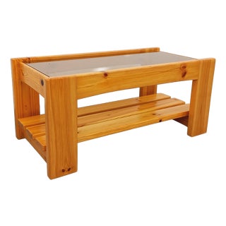 Vintage Coffee Table in Pine and Smoked Glass, 1970s For Sale